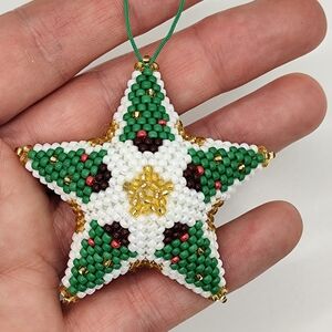 Beaded Star Ornament - Green, White & Gold